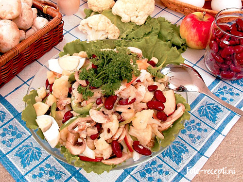 Рецепт салата из цветной капусты с шампиньонами и фасолью